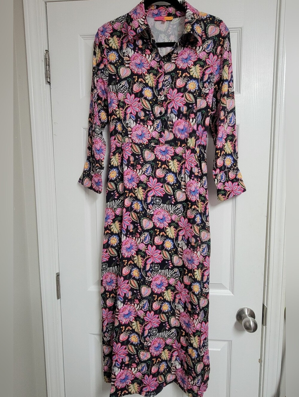 Vilagallo Black Maxi Dress with Pink and Yellow Floral Size 38.